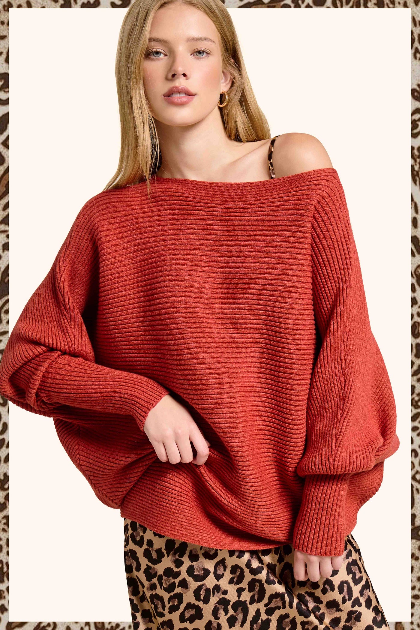 Slouchy Fit Bubble Sleeve Boat Neck Sweater: Brick