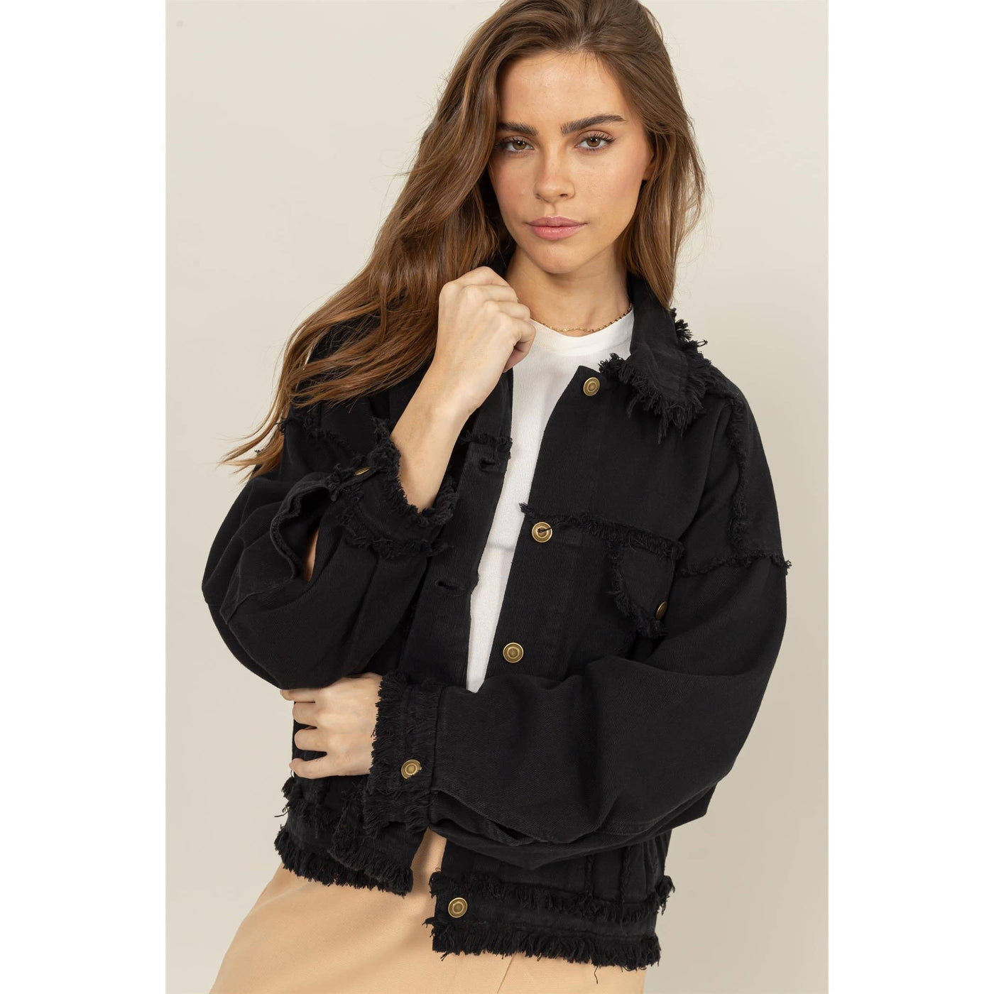 Oversized Frayed Denim Jacket: BLACK / S-M-L
