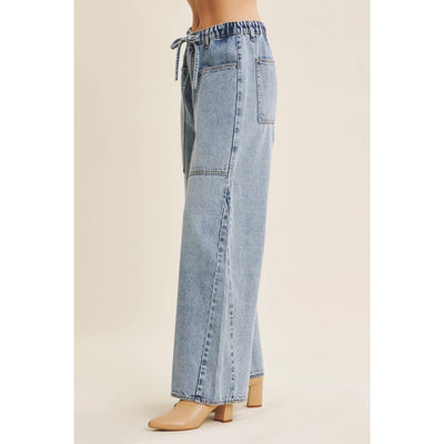EASE AND GRACE DENIM WASHED OVERSIZED WIDE-LEG JEANS: WASHED DENIM / S,M,L