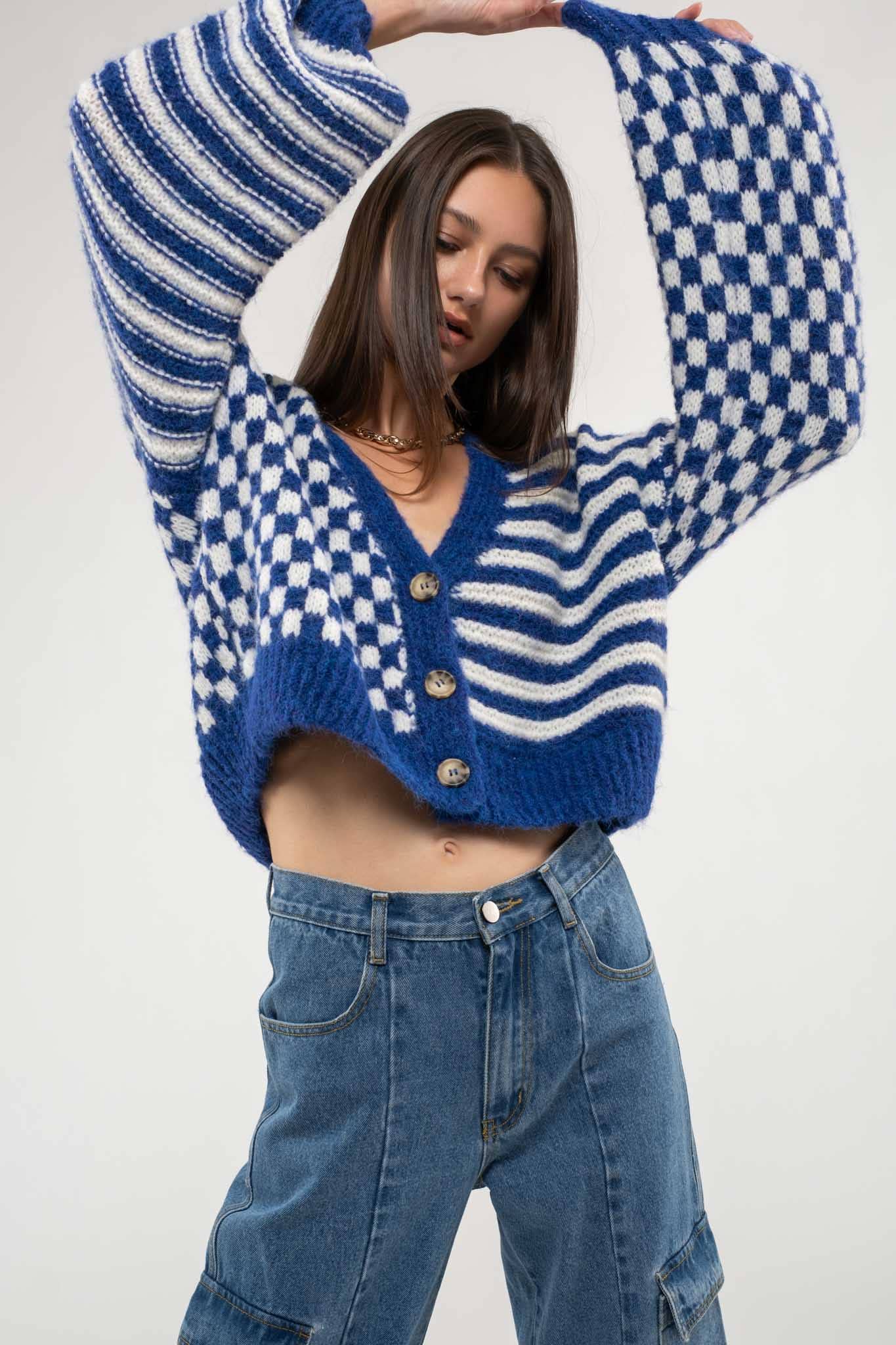 STRIPED AND CHECKERED CARDIGAN: ROYAL BLUE