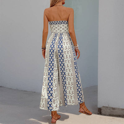 Strapless Smocked Romper Tube Top Flare Trousers Jumpsuit: Apricot