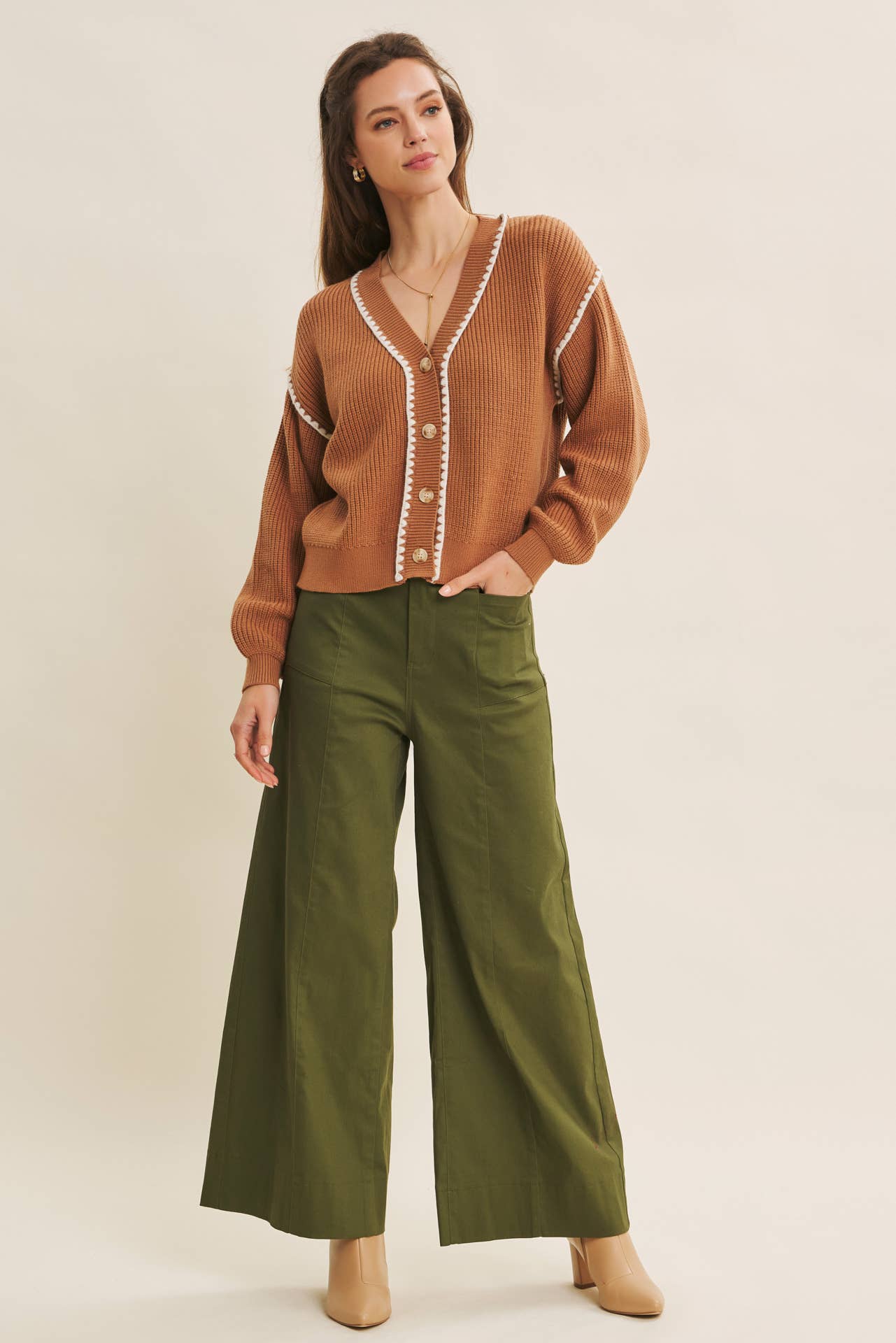 OLIVE WIDE-LEG ANKLE LENGTH PANTS