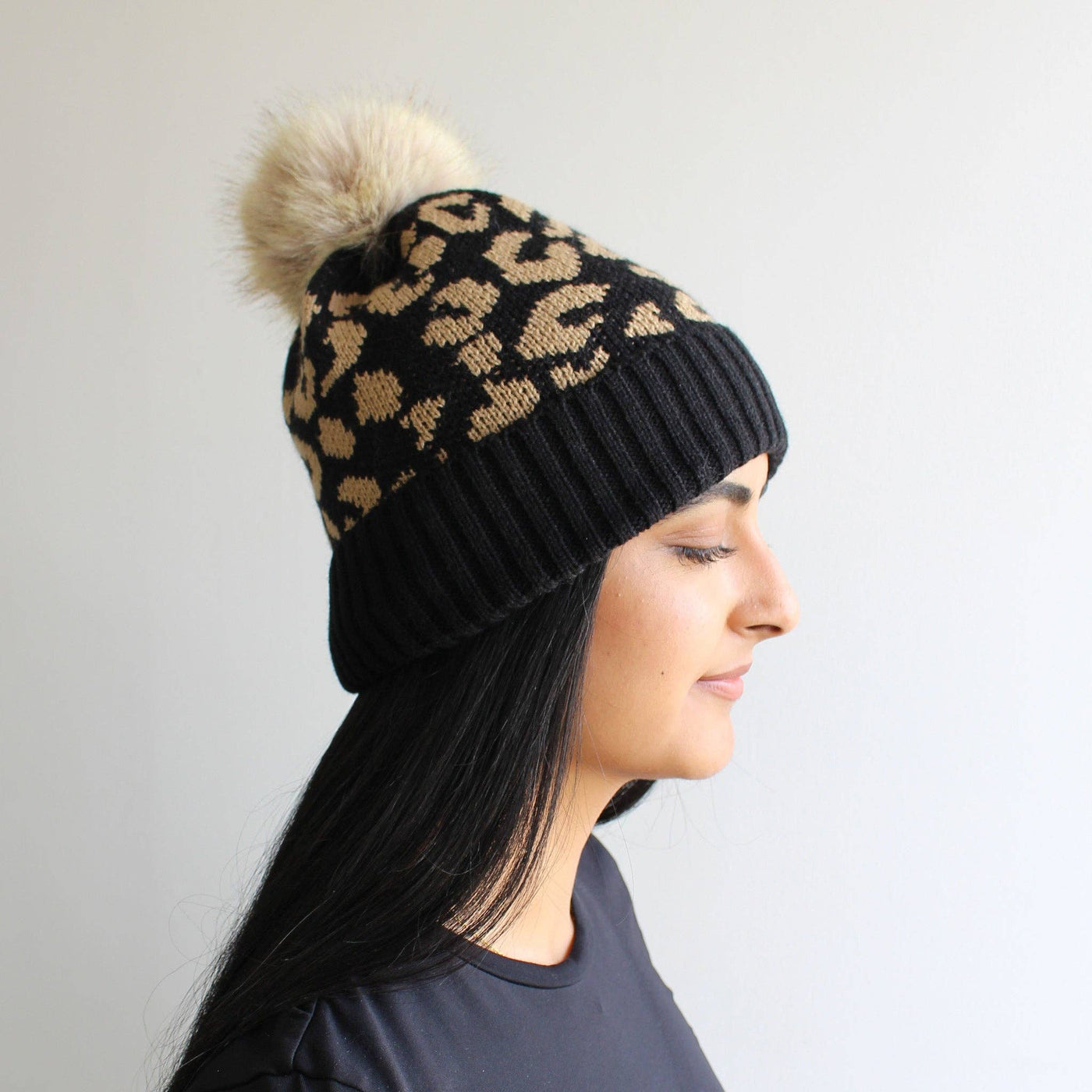 Leopard Print Winter Hat w/ Pom Pom | Black