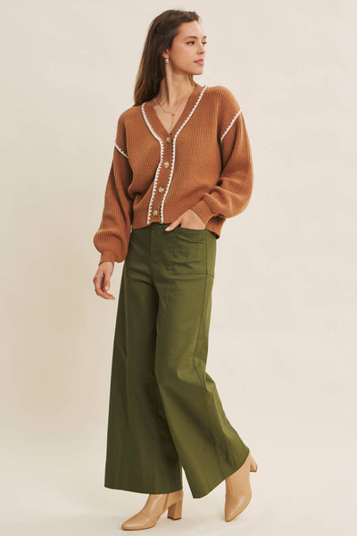 OLIVE WIDE-LEG ANKLE LENGTH PANTS