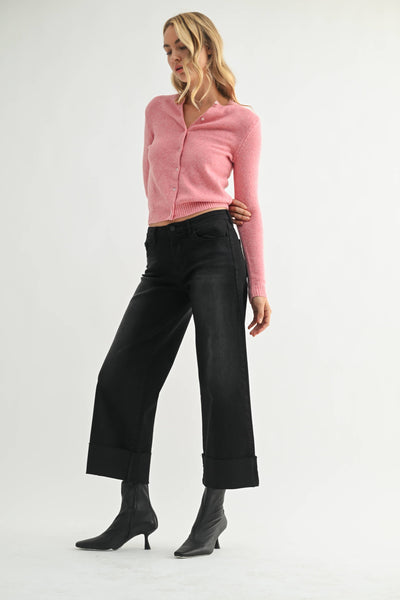 Washed Black Scissor Cut Cuffed Wide Leg