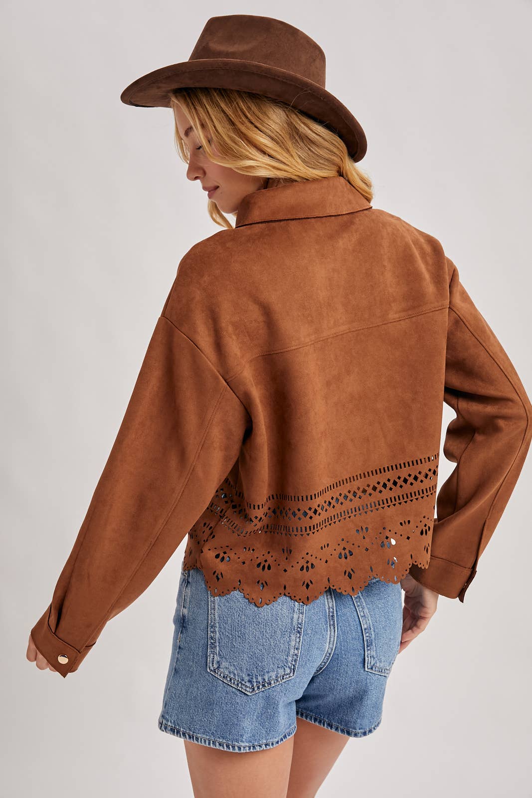 BUTTON DOWN DIE-CUT FAUX SUEDE CROPPED JACKET