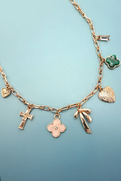CHARM NECKLACE-GREEN CLOVER BOW CROSS HEART | 80N91991: GOLD