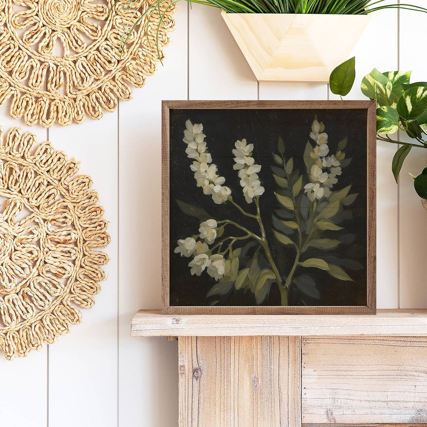 White Floral Prints On Black: 8x8