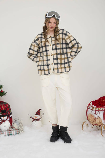 PLAID BUTTON DOWN TEDDY JACKET: CREAM MULTI S,M,L