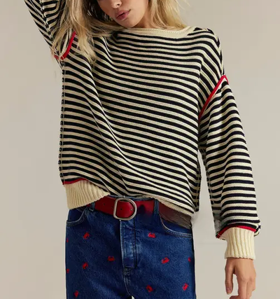 Striped Crewneck Knit Sweater | Loose Fit Pullover Top