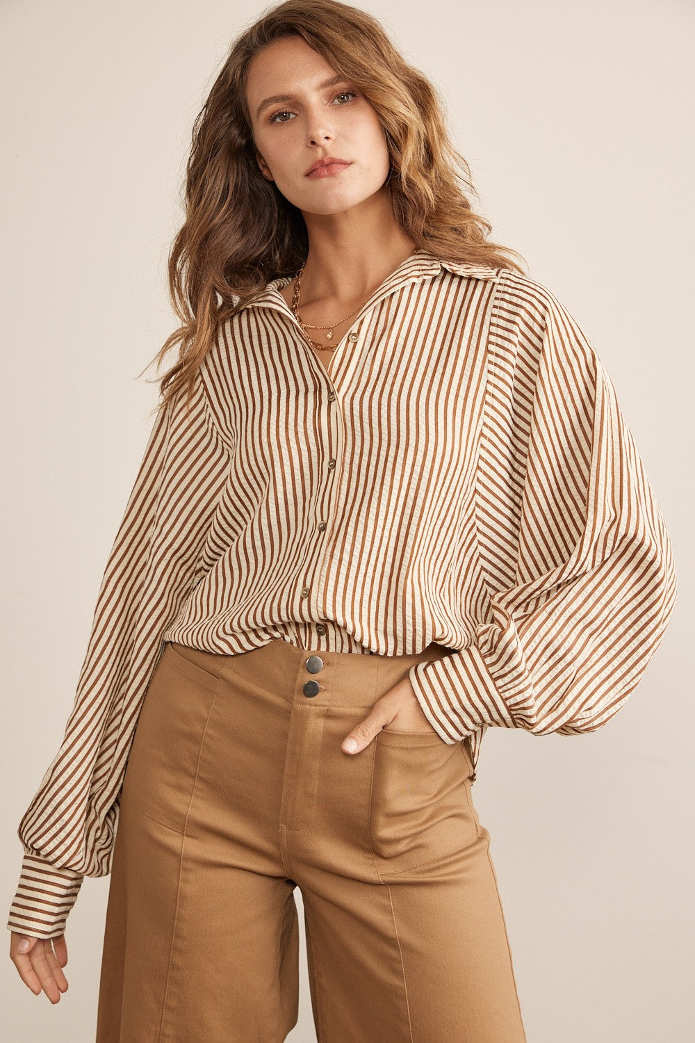 Voluminous Sleeved Button Down Stripe Shirt