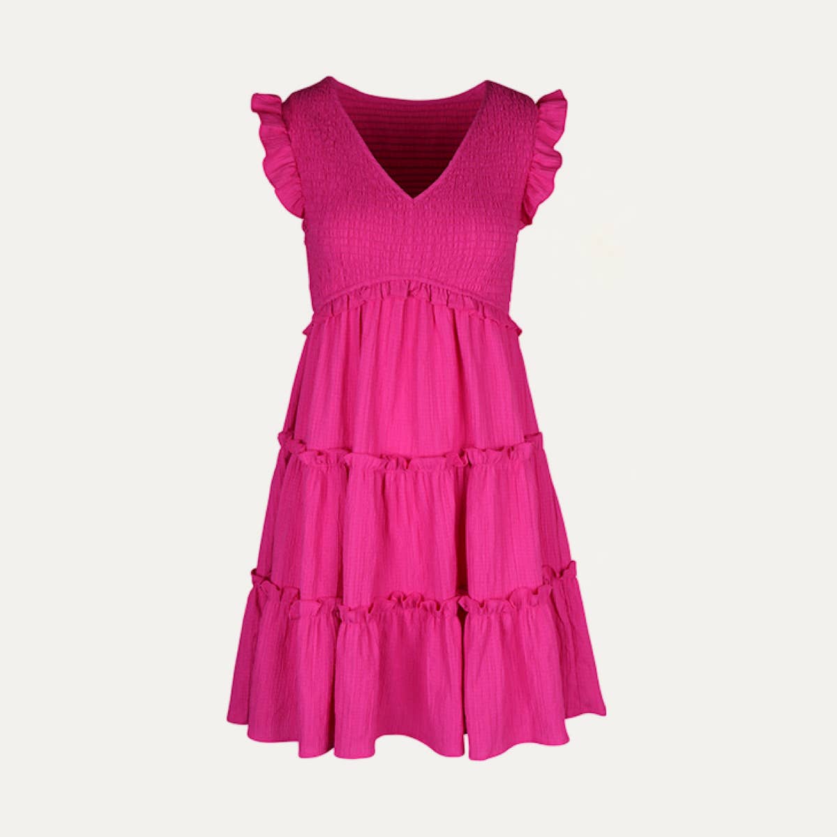 Hot Pink V-Neck Ruffled Tiered Mini Dress