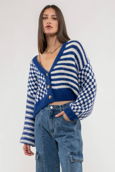 STRIPED AND CHECKERED CARDIGAN: ROYAL BLUE