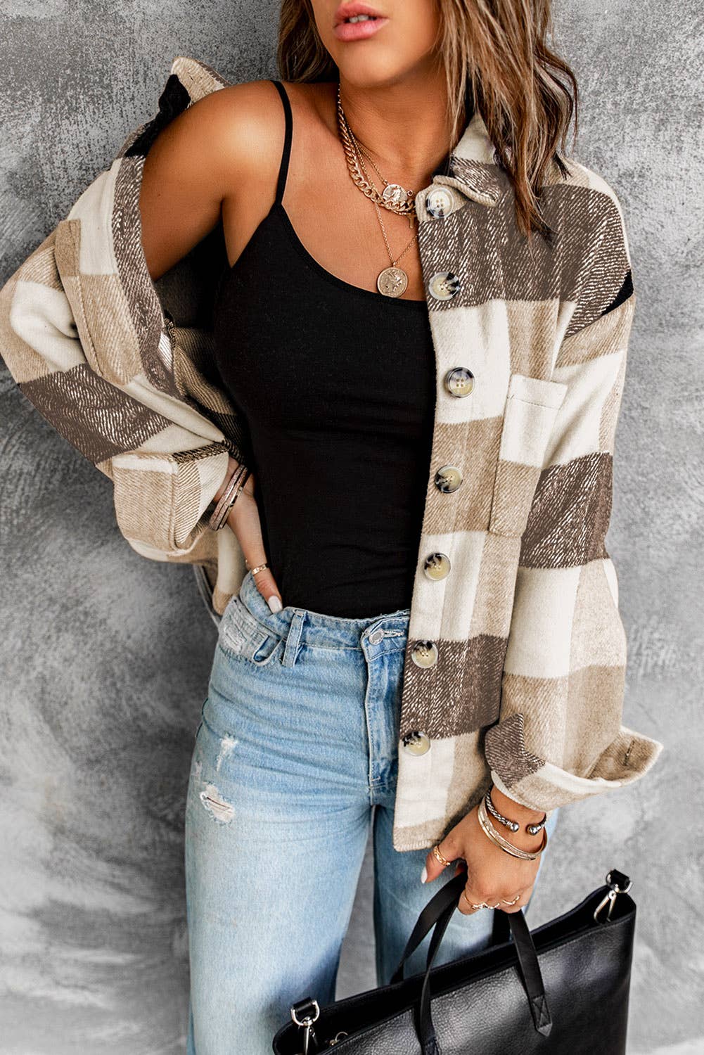 Khaki Plaid Color Block Buttoned Long Sleeve Jacket with Pockets